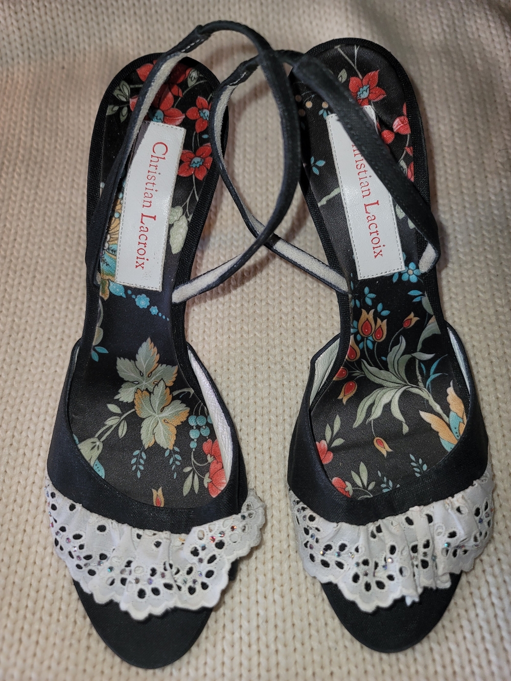 Christian Lacroix Black Floral Slingback Sandals with White Eyelet Trim